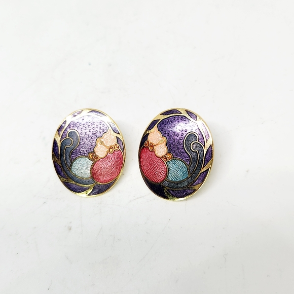 Vintage Cloisonne Cat Cuddle Kitty Tail Earrings Oval Post Stud Jewelry Gold Ton - Picture 2 of 4